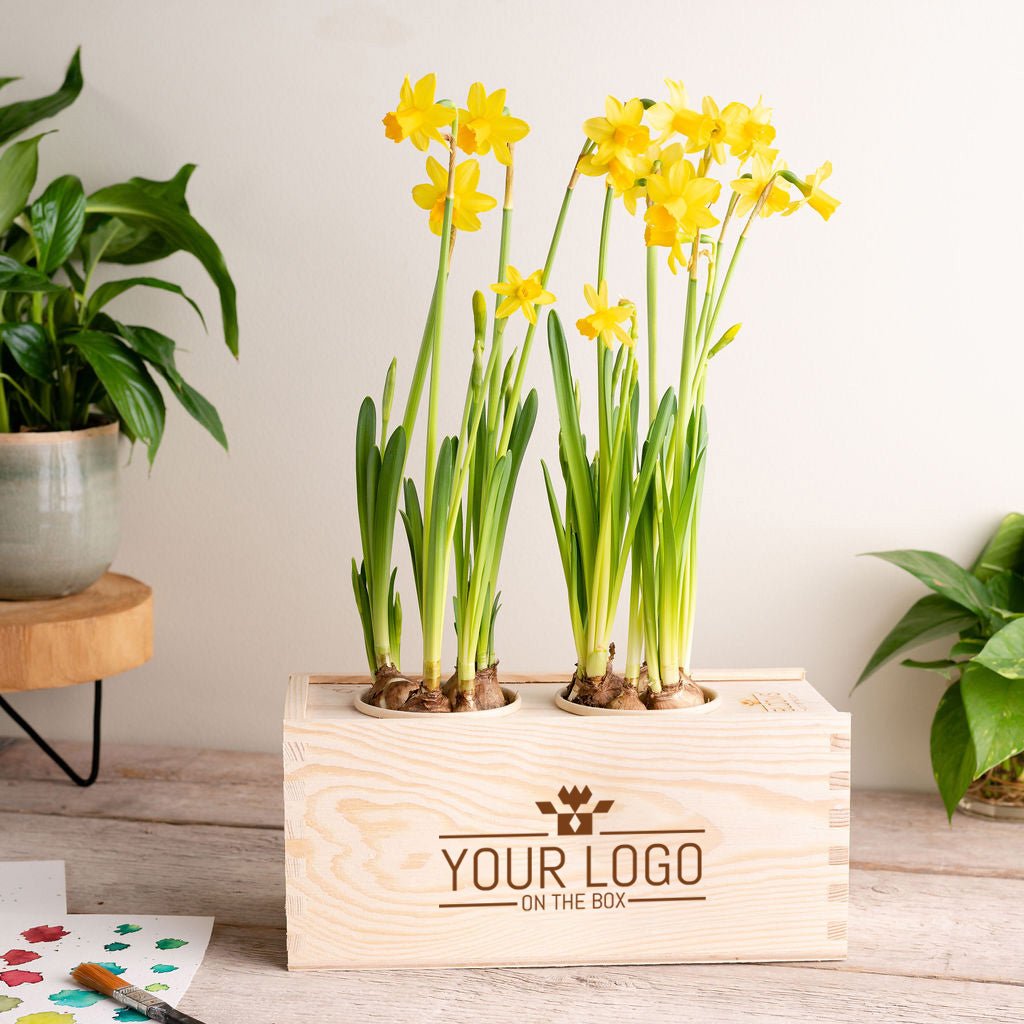 Relatiegeschenk voorjaar gepersonaliseerd met voorjaarsbollen